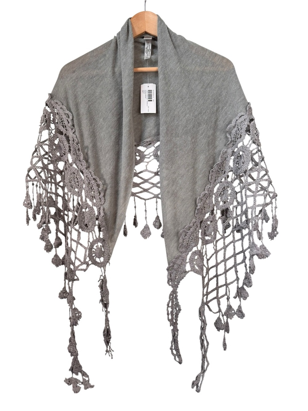 Chicos Crochet Trim Gray Shawl Triangle Scarf NWT Lace Fringe Lightweight
